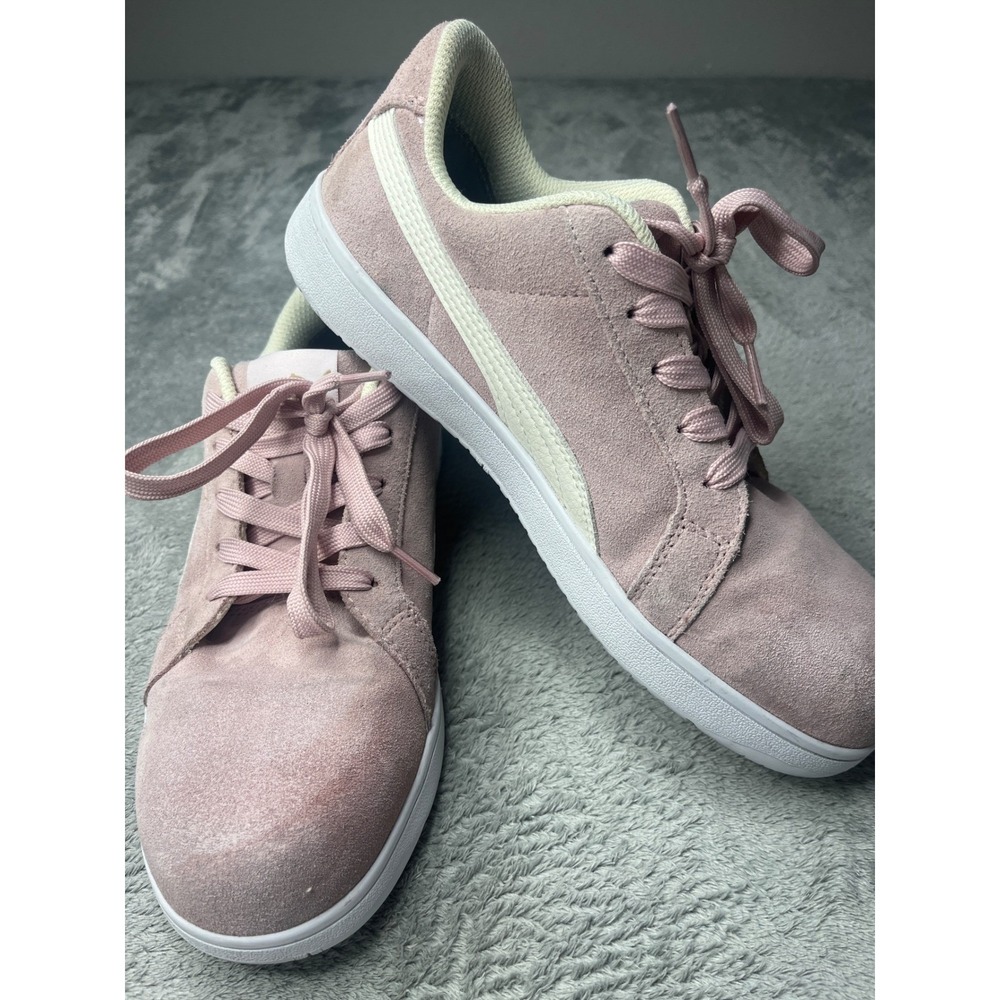 Puma Smash v2 Pink Suede Low Top Sneakers Gold Logo Lace Up Shoes‎ Womens 7.5